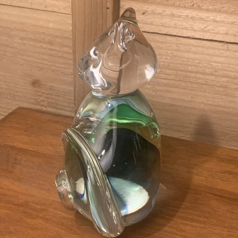 Pier‎ 1 Art Glass Cat Kitten Figurine w Clear Blue Green Hand-blown Paperweight
